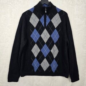Paolo Mondo Mens 100% Cashmere Argyle Quarter Zip Sweater Black Blue Large L